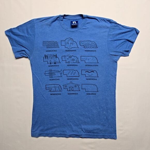 Vintage Funny Nebraska Shirt Graphic Blue Medium Short Sleeve Made in USA Tee - Picture 1 of 8
